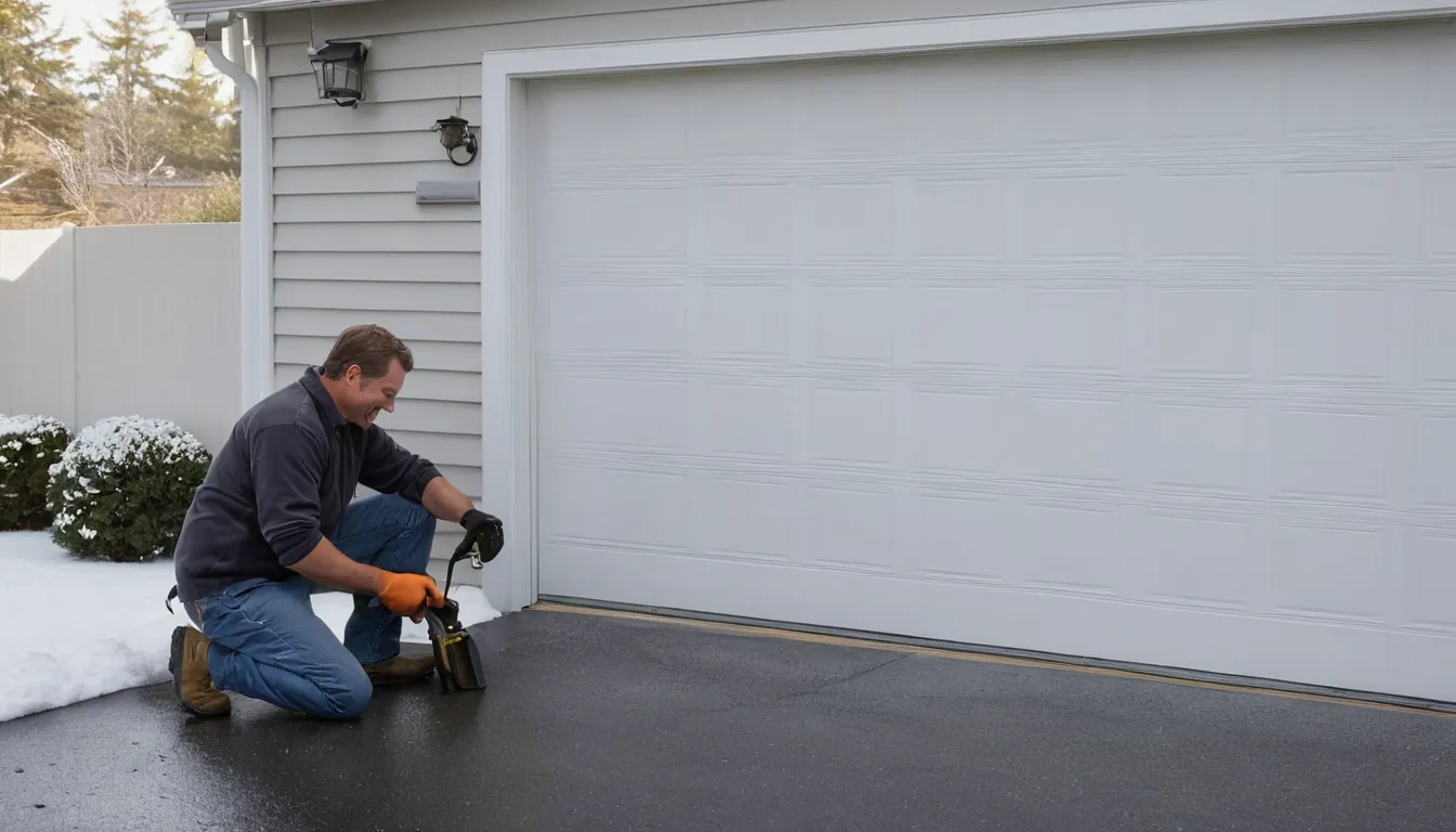 A friendly local provider checking the tracks of a residential garage door in Attleboro